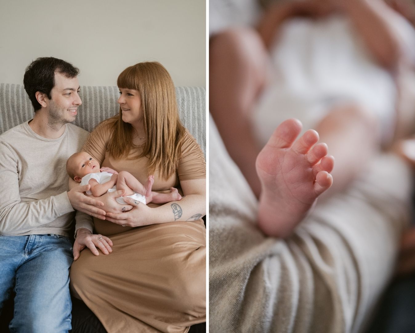 First-time mom lovingly gazes at her newborn baby boy during a relaxed, in-home photography session.