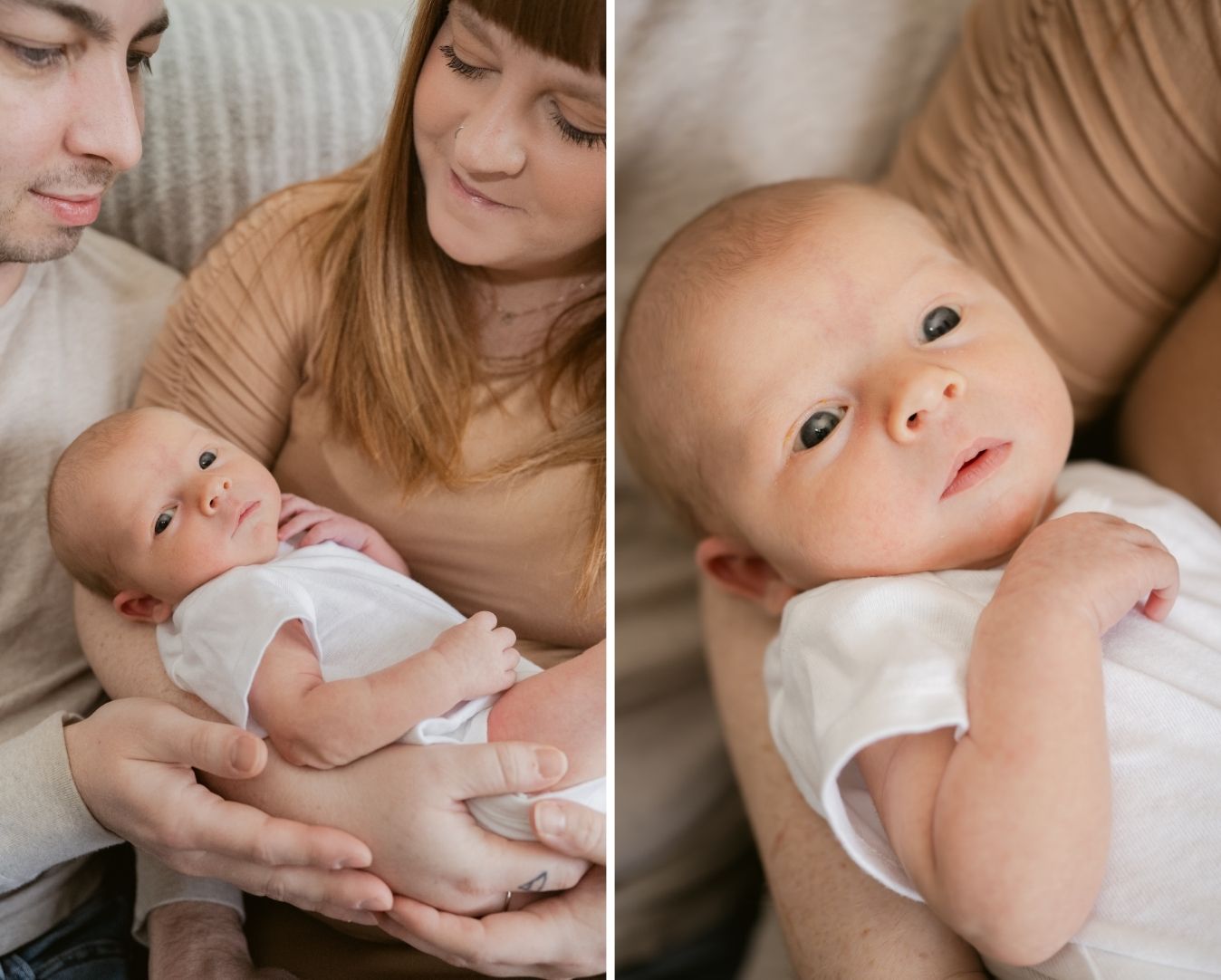 Lifestyle newborn photo of a new mom cradling her baby in soft window light inside their Mechanicsville, Virginia home.