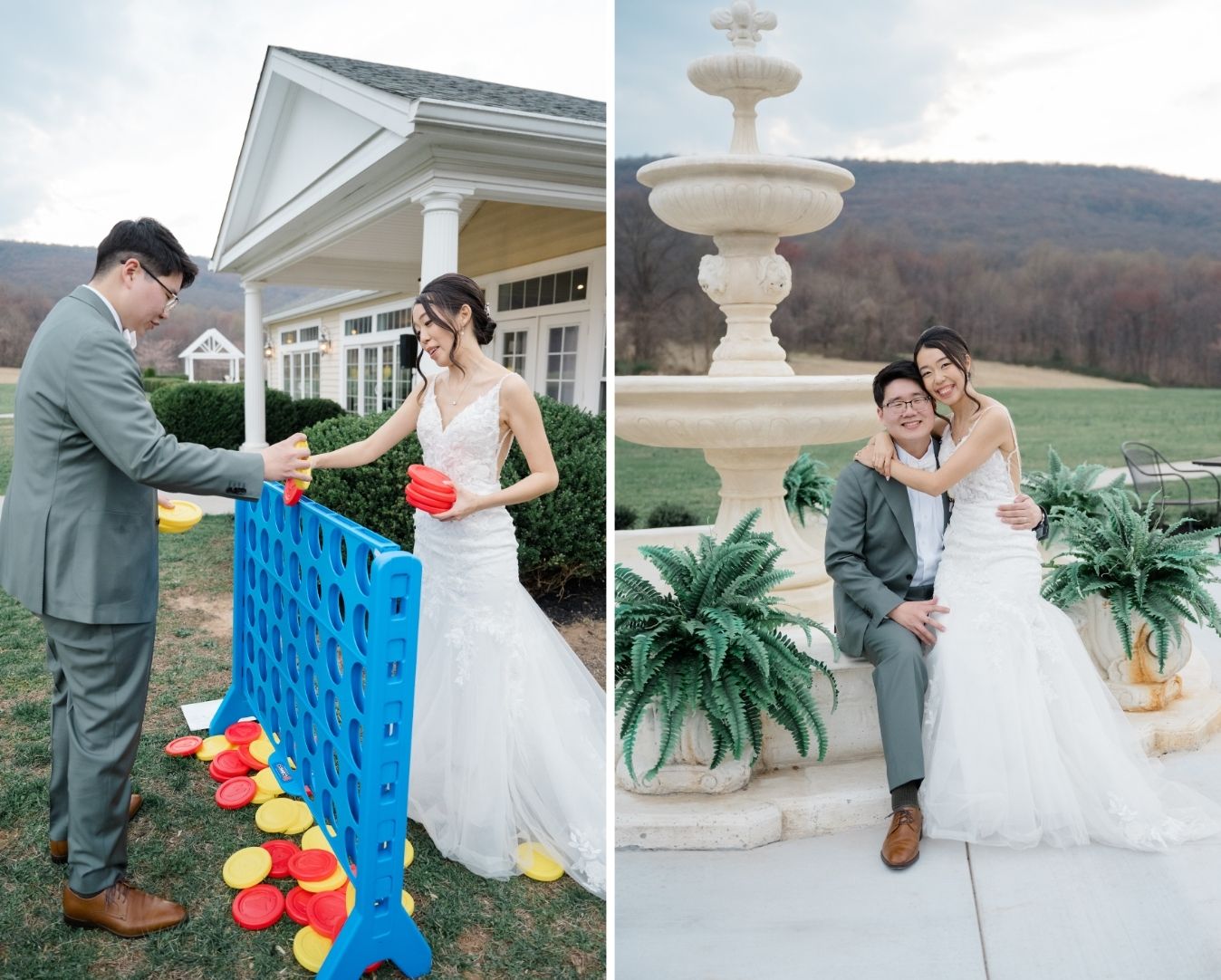 Bride and groom playing giant Connect Four and sitting together on a fountain ledge, laughing.