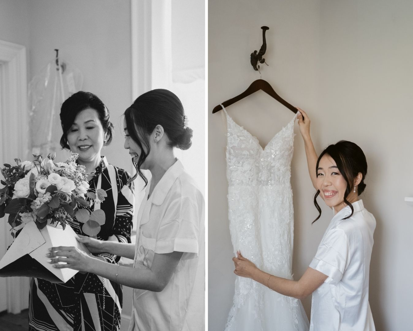Left: Bride and her mother sharing a sweet moment while receiving the bouquet on the wedding morning. Right: Bride smiling while holding her lace wedding dress before getting ready at Springfield Manor.
