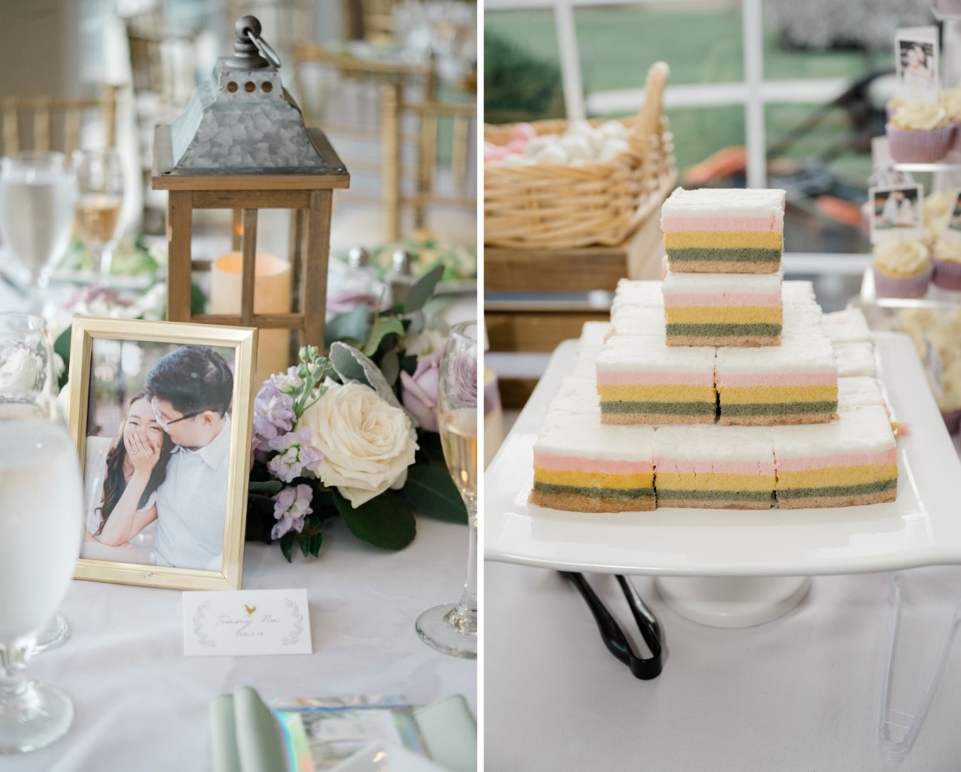 Wedding table decor with a framed engagement photo, flowers, a candle lantern, and layered rice cake centerpiece.