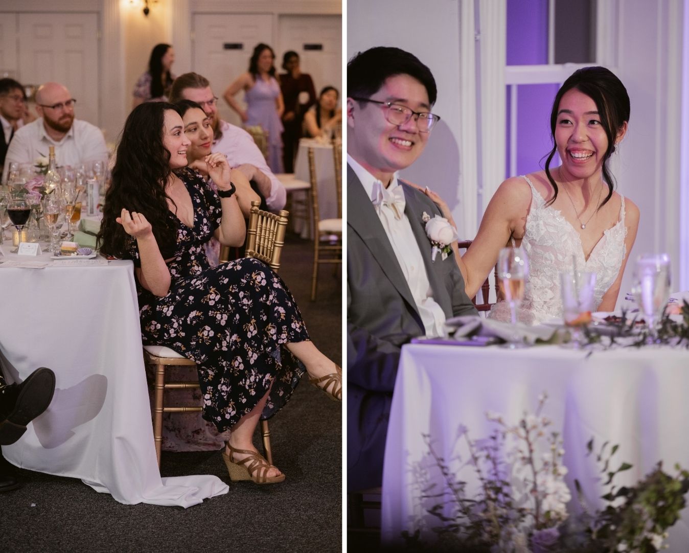 Guests enjoying toasts and speeches during the wedding reception (left) and the bride and groom smiling at their sweetheart table (right).