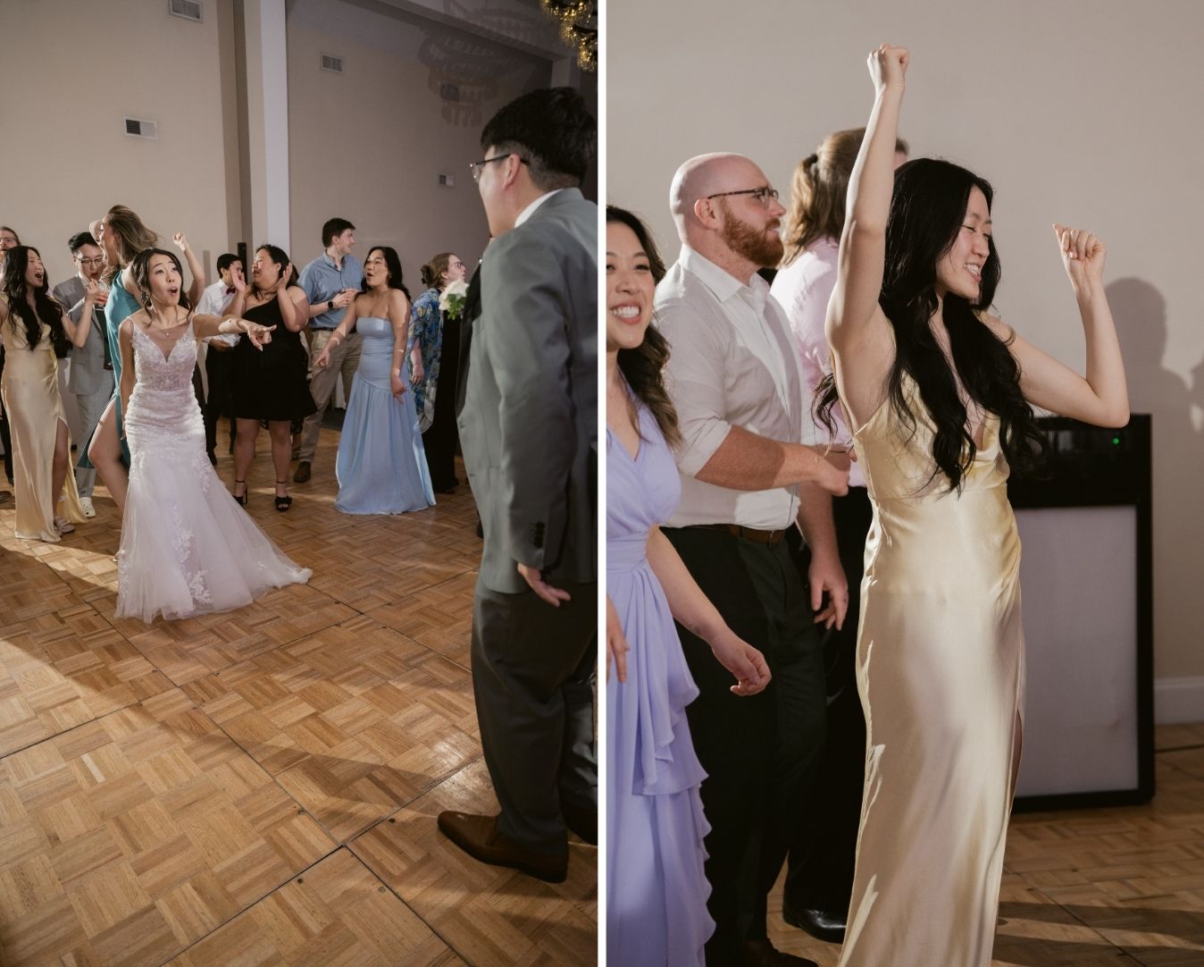 Wedding guests dancing and celebrating on the dance floor, with the bride leading the excitement.