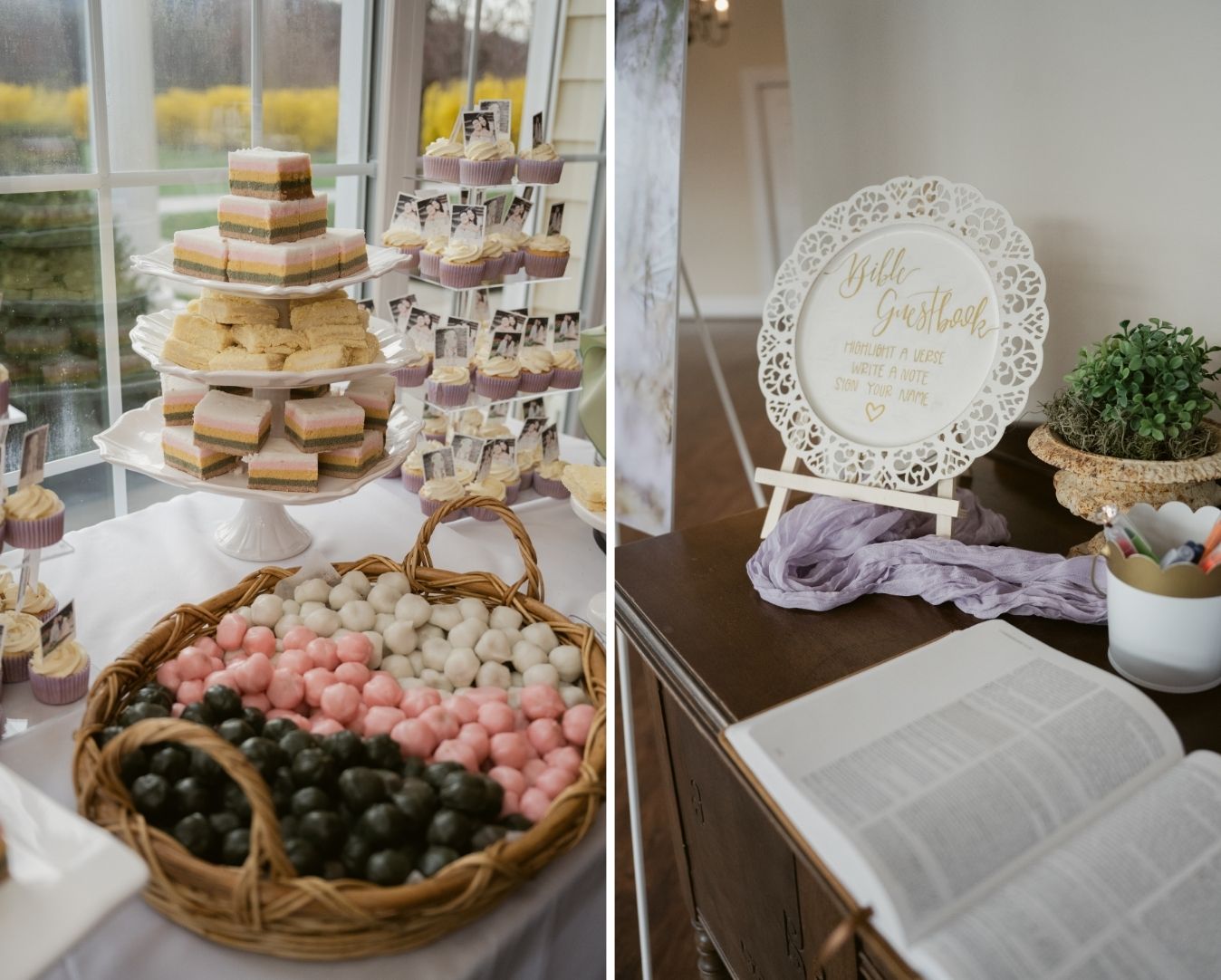 Display of traditional Korean rice cakes and cupcakes with a Bible guestbook station beside it.