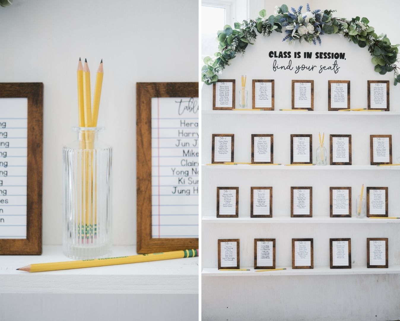 Close-up of a seating chart display with pencils and framed guest lists designed like notebook paper.