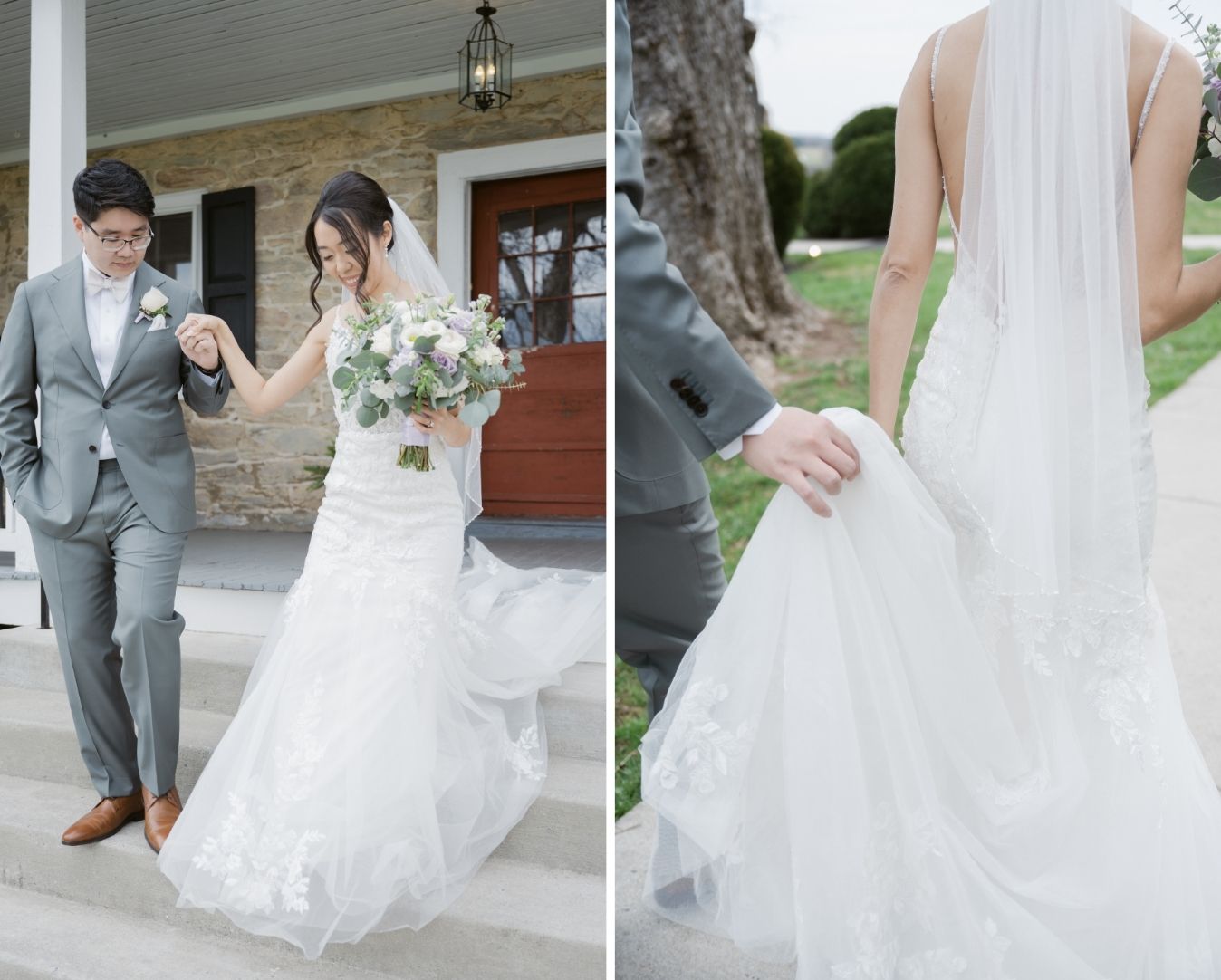 Left: Groom helping the bride down stone steps as she holds her bouquet at Springfield Manor. Right: Close-up of groom gently carrying the bride’s lace wedding dress train during their walk together.