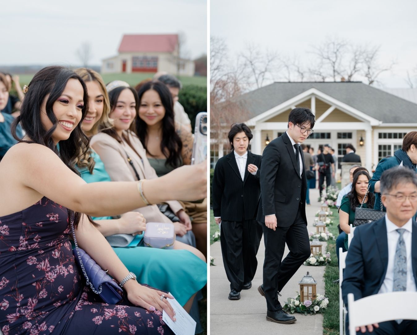 Left: Wedding guests smiling and taking a selfie while seated before the outdoor ceremony at Springfield Manor. Right: Guests arriving and walking down the floral-lined aisle past lanterns and white chairs before the start of the ceremony.