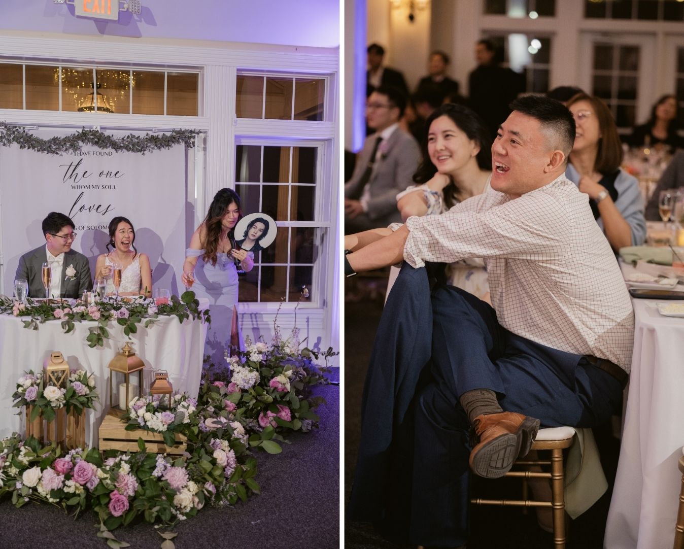 Maid of honor giving a toast with a cutout fan (left) and guests laughing and reacting to speeches (right).
