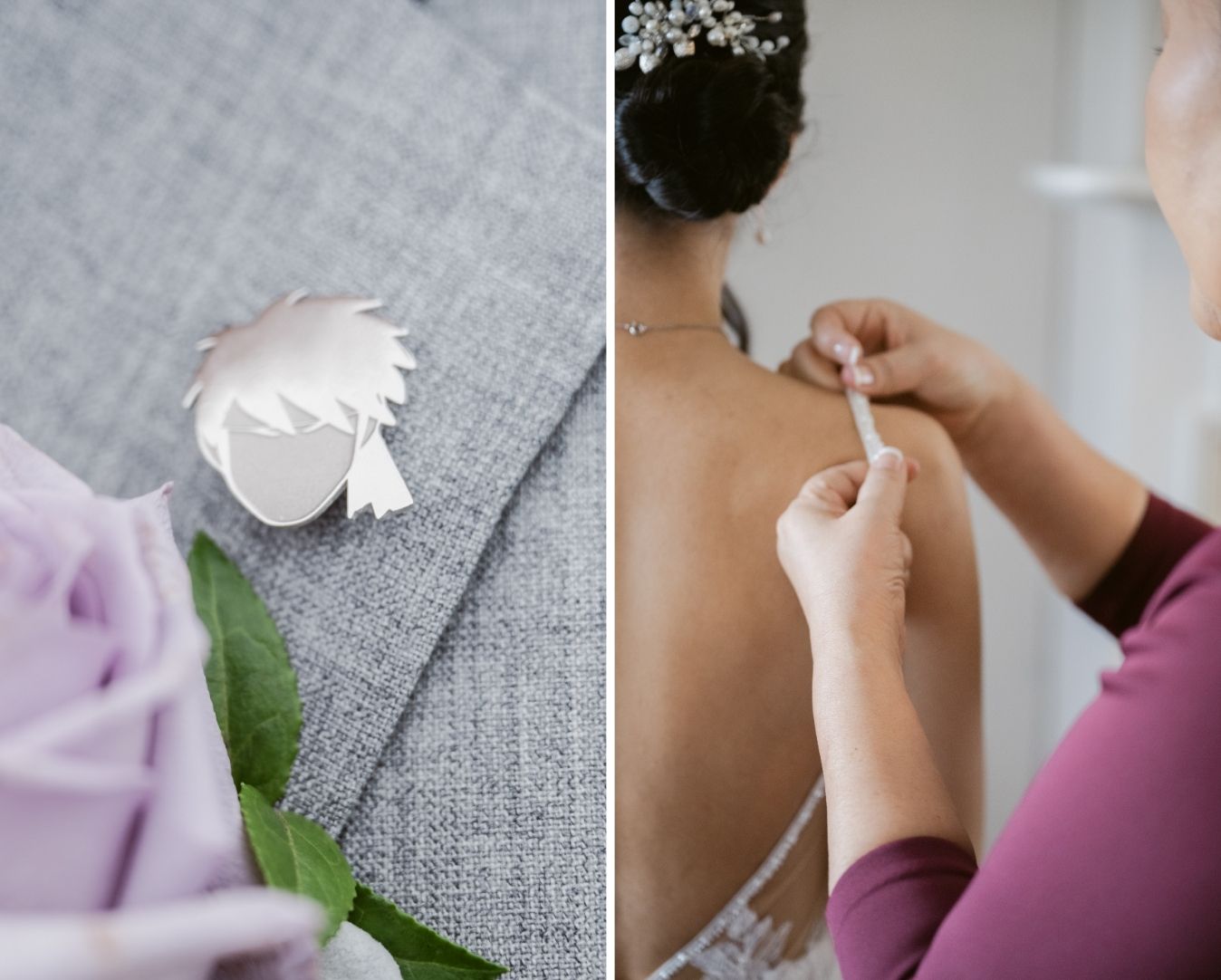 Left: Anime-inspired silver pin detail on a light gray suit with a lavender rose boutonniere. Right: Close-up of bride getting help fastening her wedding dress strap, with her hair styled in an elegant updo.
