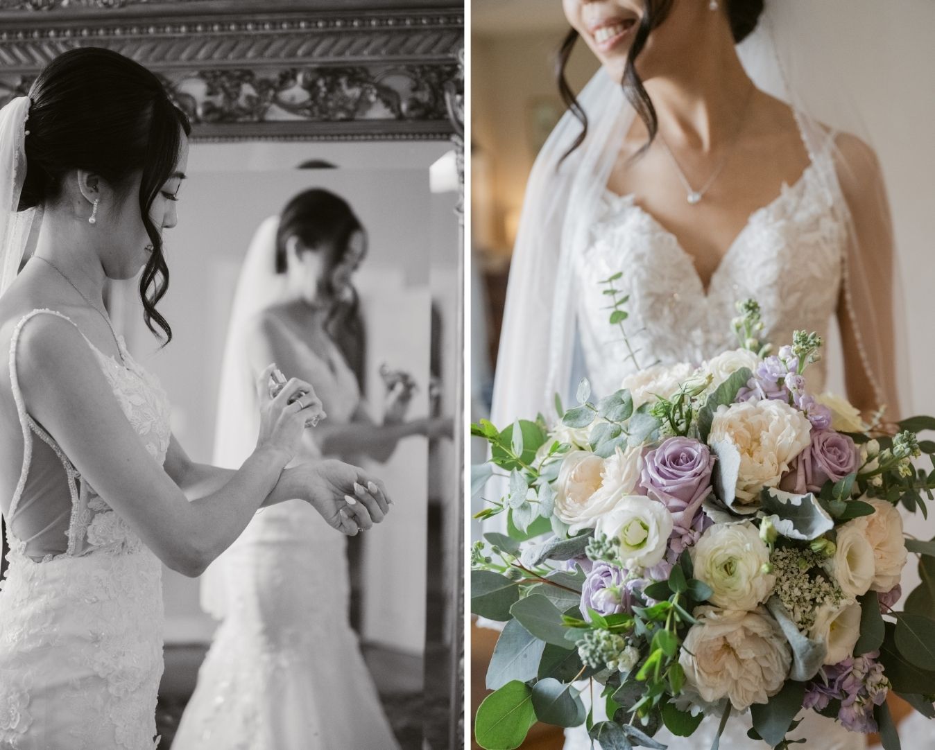 Left: Bride applying perfume while getting ready in front of a mirror at Springfield Manor. Right: Close-up of the bride’s lace wedding gown and pastel spring bouquet with white, blush, and lavender roses.