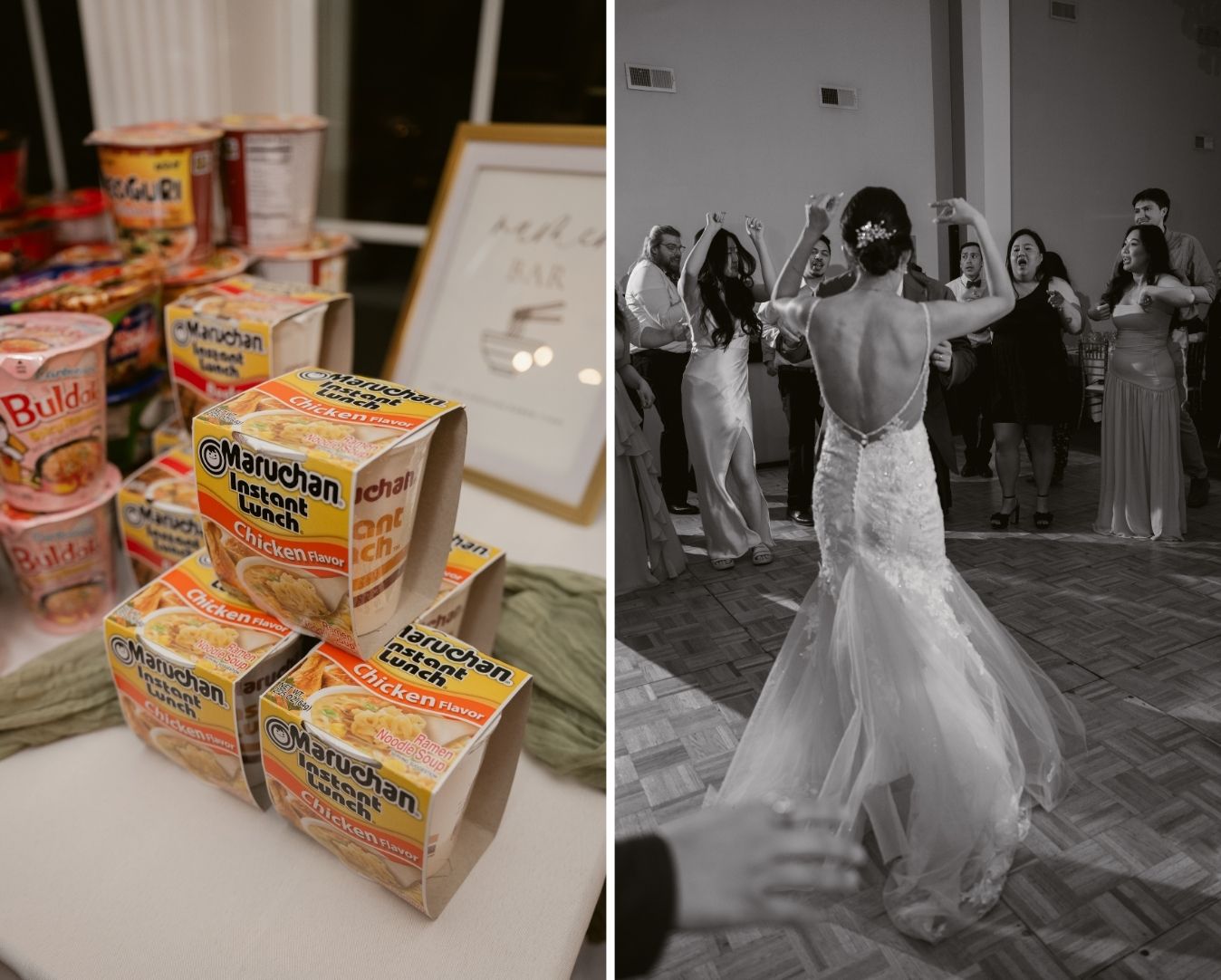 Left: Assorted instant noodle cups displayed at a self-serve ramen bar. Right: The bride dances joyfully with guests on the dance floor.