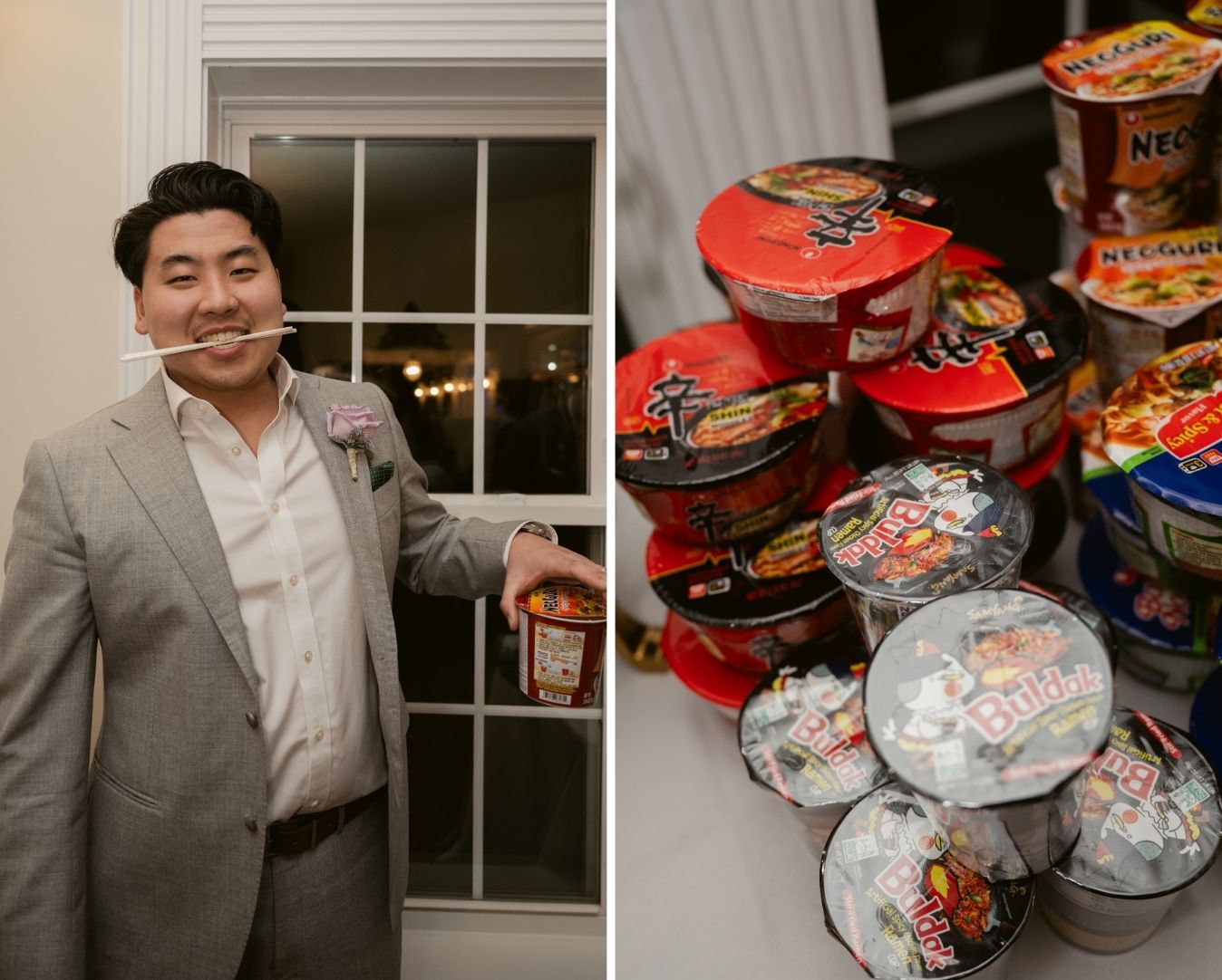 Guest playfully posing with instant ramen cup in mouth (left) and stacked variety of Korean instant noodles (right) as a fun reception snack station.