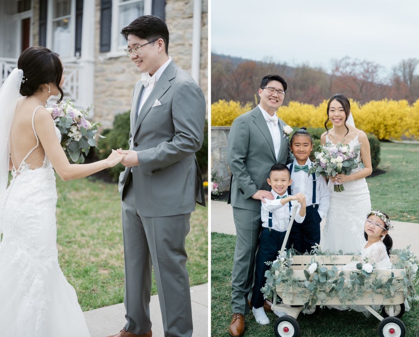 Right: Bride and groom posing with their young wedding party, including ring bearers and a flower girl sitting in a decorated white wagon with spring florals.