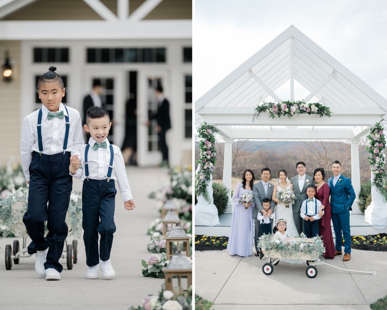 Left: Two young ring bearers walking down the ceremony aisle in matching green bow ties and navy suspenders at a Springfield Manor wedding. Right: Bride and groom posing with family members and their wedding party under a white floral-covered arbor, with a flower girl seated in a decorated white wagon.