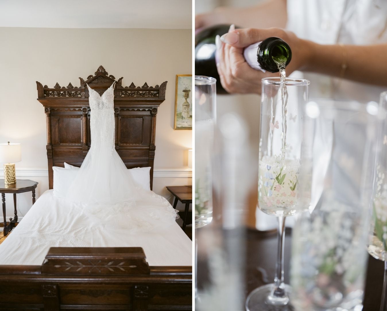 Left: Lace wedding gown hanging on a carved wooden headboard at Springfield Manor. Right: Close-up of champagne being poured into floral etched glasses during bridal prep.