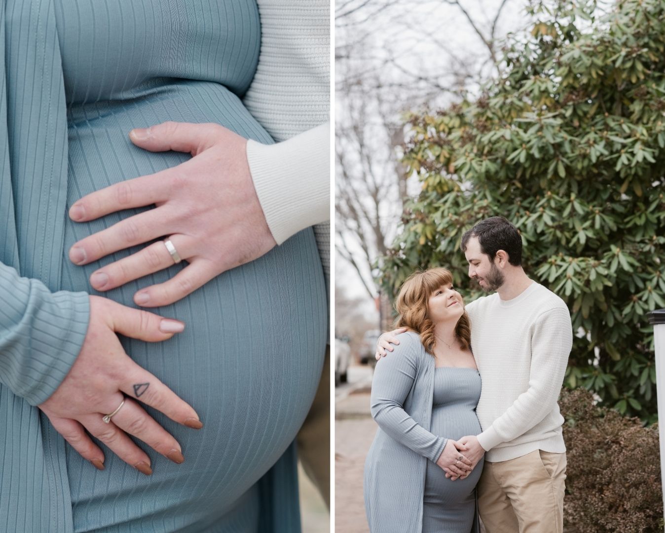 Split image: close-up of the couple’s hands resting on the baby bump, showing rings and a triangle tattoo, alongside a portrait of them smiling at each other under a tree in Richmond.