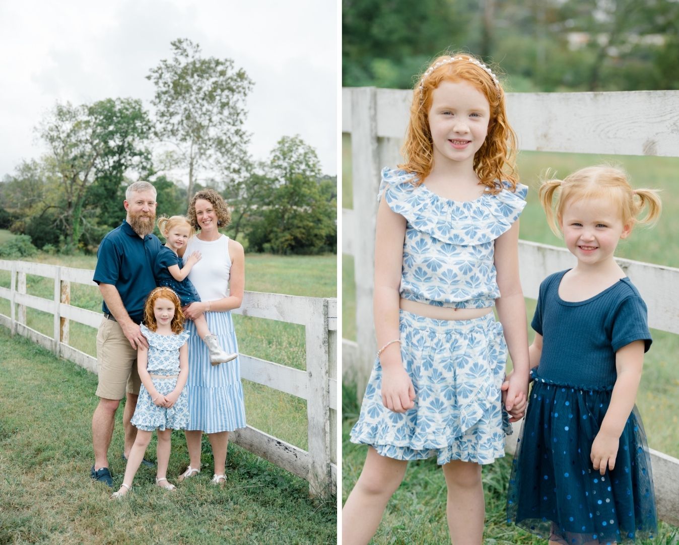 Parents smiling with their daughters by a rustic white fence surrounded by greenery.
