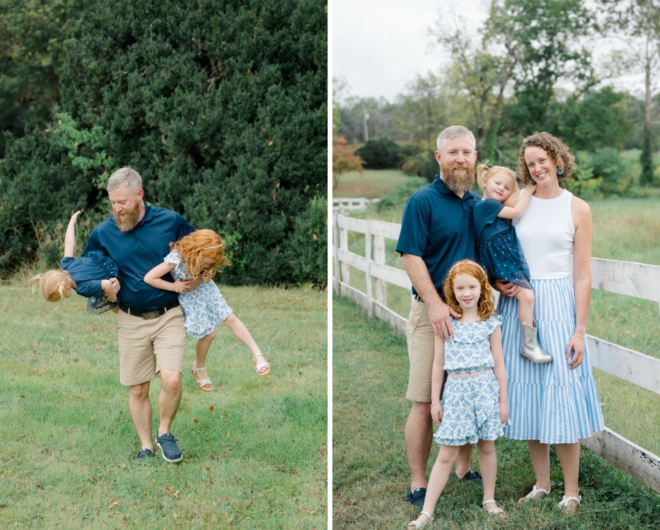 Family walking across a green field at Barboursville Vineyards during golden hour.