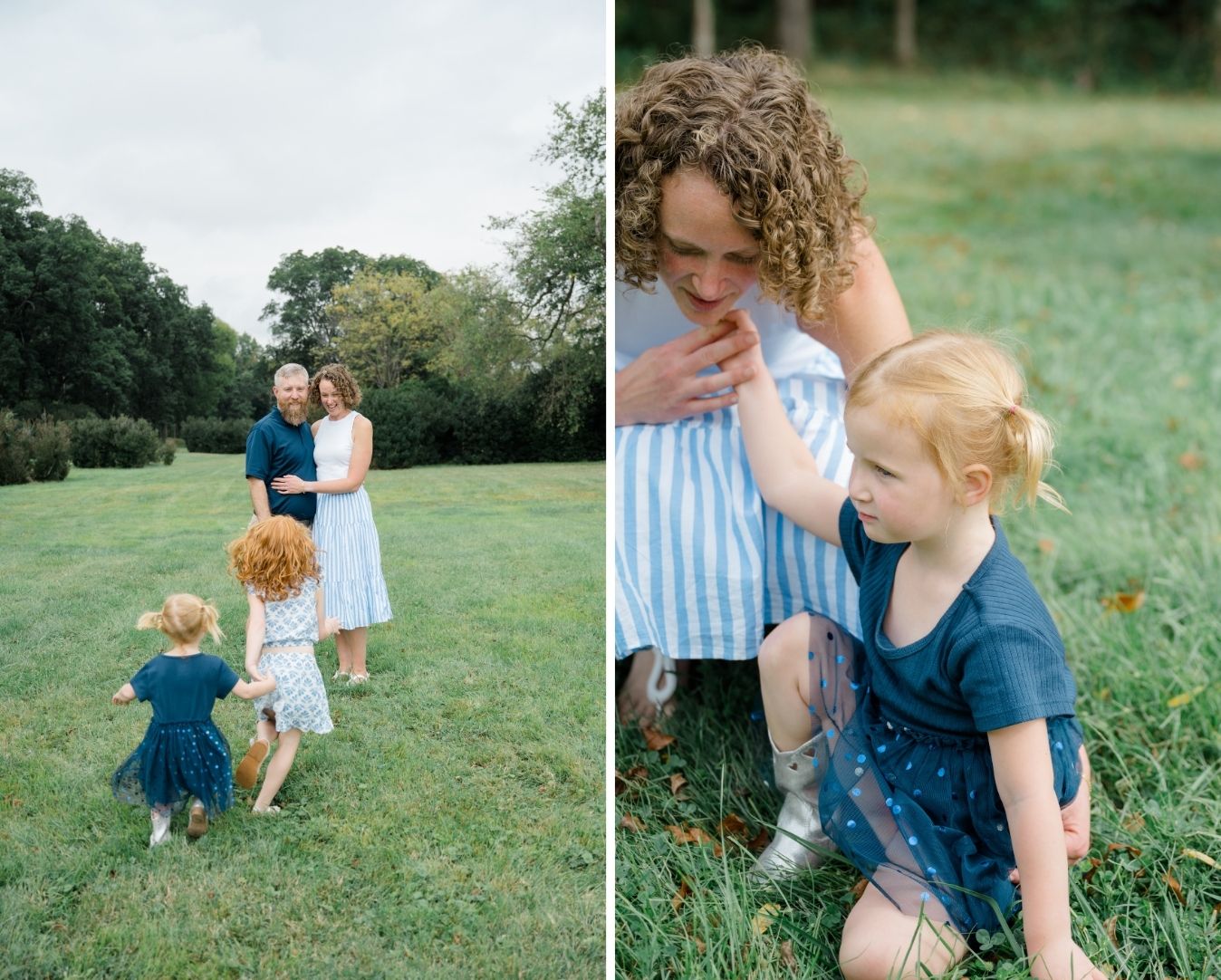 Mother holding her daughters close during playful moments in the grass.