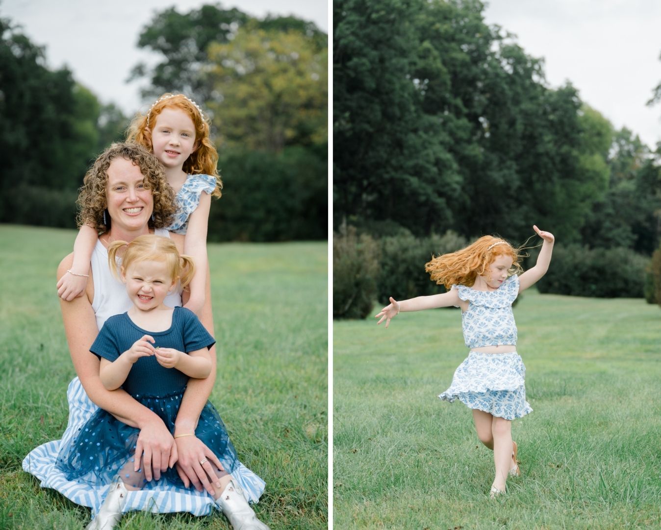 Mother kneeling beside her daughter, sharing a tender moment during their session.