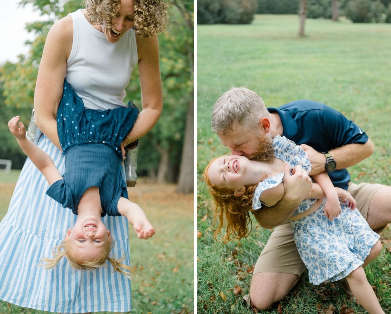 Playful moments between parents and daughters, full of laughter during their motherhood session.
