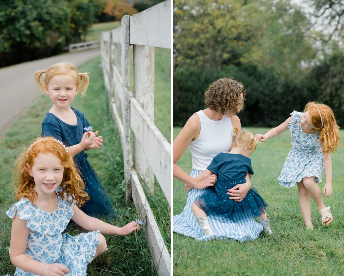 Two young sisters picking flowers by a white fence during their vineyard session.
