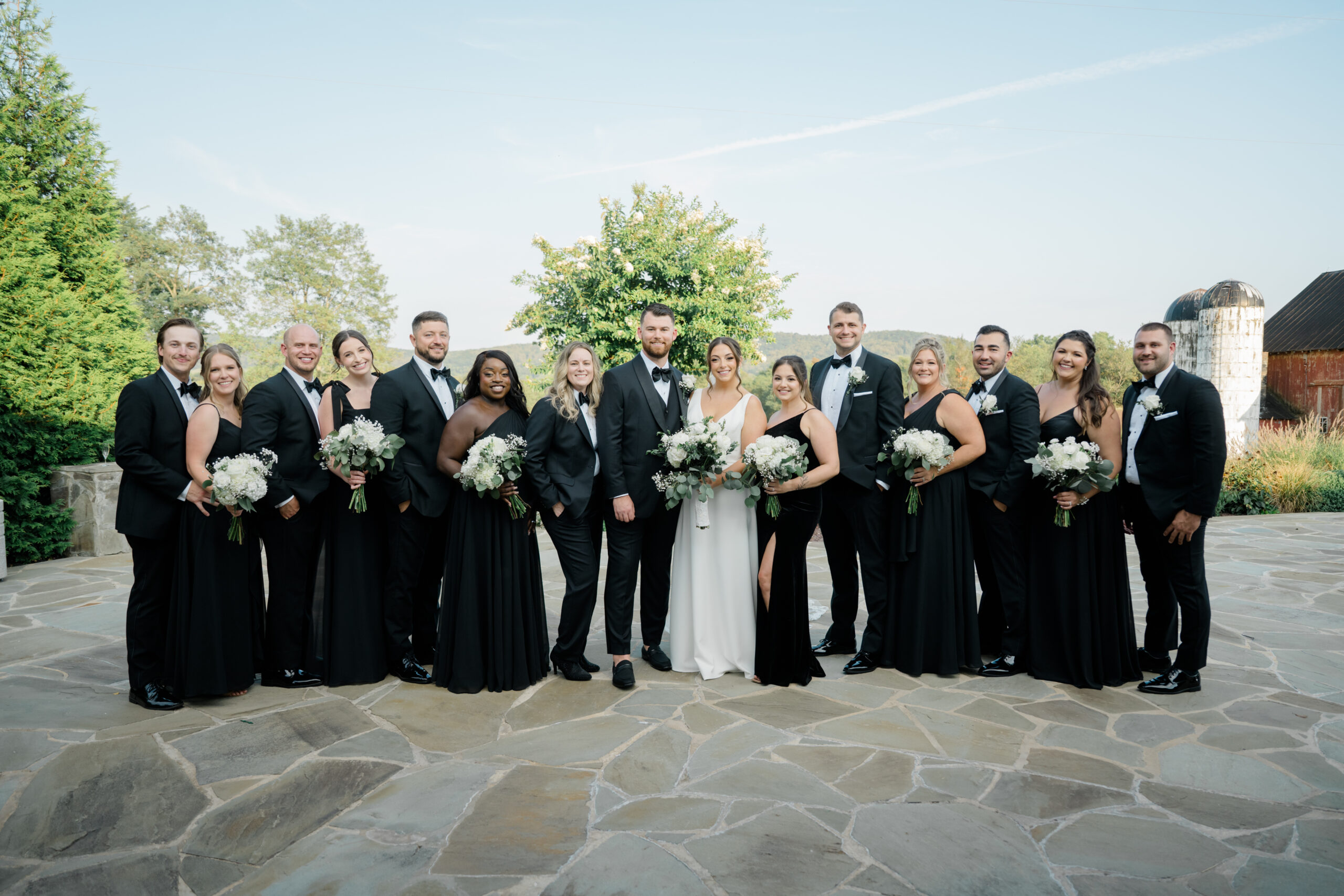 Full wedding party posing together in black tie attire during outdoor portraits with mountain views